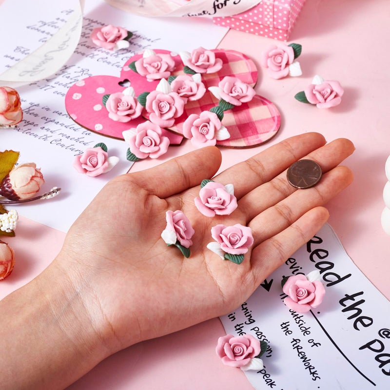 BB Beadthoven Beadthoven 20-Piece Flatback Pink Rose Handmade Porcelain Cabochons Flower Charms China Clay Beads Charms Jewelry Embellishment Supplies for Gluing DIY Jewelry Making Finding Supplies Stud Earring - Image 5